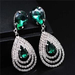 Emerald Green Dangle Earrings With Crystals Pierced Ears Bridesmaids Formal